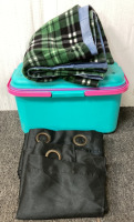 BLUE AND PINK STORAGE BIN (19X10”), (2) BLACK CURTAINS, (1) DENIM FLEECE LINED BLANKET - 4