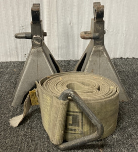 TWO JACK STANDS ONE TOW STRAP