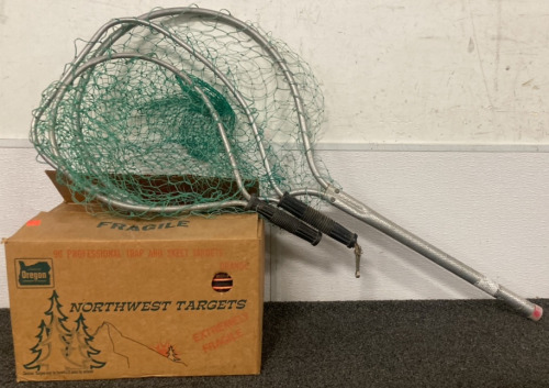 BOX INCLUDING NORTHWEST TRAP AND SKEET TARGETS, THREE FISHING NETS