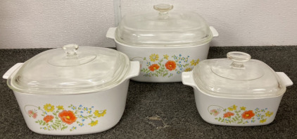 (3) VINTAGE PYREX CORNING WILDFLOWER SQUARE CASSEROLE DISHES