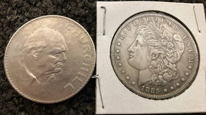 1885 MORGAN COPY AND 1965 CHURCHILL COIN