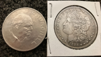 1885 MORGAN COPY AND 1965 CHURCHILL COIN