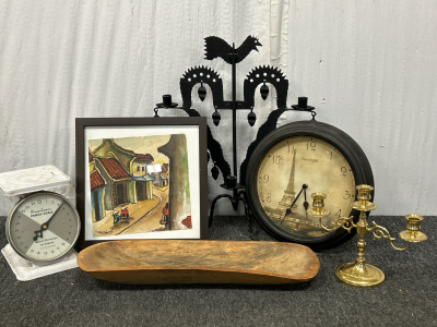 VINTAGE AMERICAN FAMILY SCALE, HANDCRAFTED ELONGATED WOOD DISH, CANDLESTICK HOLDERS, 12&rdquo; SWUARE WALL PRINT AND WALL CLOCK WITH EIFFEL TOWER (WORKS)