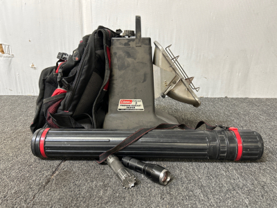 RED AND BLACK BACKPACK, COLEMAN PROPANE RADIANT HEATER, FLASHLIGHTS, AND STORAGE TUBE
