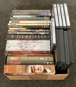 (2) 10&rdquo;X12&rdquo; BOX OF DVDS/MOVIES INCLUDING &ldquo;JOHN WAYNE&rdquo; 20 MOVIE PACK, &ldquo;THE COWBOYS&rdquo; AND MORE (20 PLUS DVDS)