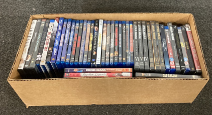 (1) 20.5&rdquo;X9.5&rdquo; BOX OF DVDS/MOVIES (43 DVDS INCLUDING 24 BLU RAY DISCS)