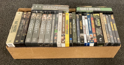 (1) 21&rdquo;X10&rdquo; BOX OF DVDS/MOVIES INCLUDING (4) &ldquo;COMBAT&rdquo; 4 DVD SETS, &ldquo;SAVING PRIVATE RYAN&rdquo;, &ldquo;JARHEAD&rdquo; AND MORE
