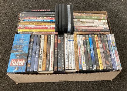 (1) 14&rdquo;X19&rdquo; BOX OF CDS/MOVIES INCLUDING &ldquo;X-MEN&rdquo; (1) 8-DVD SET OF MARVEL CLASSICS, AND MORE