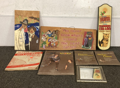 (3) PAINTED WOOD HANGING SIGNS, (1) SMALL HAND MIRROR, (3) VINTAGE NUNNBUSH ADVERTISEMENT, AND MORE