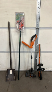 TREE PRUNER, SQUARE SHOVEL, WORX WEED EATER AND HEDGE TRIMMER W/ BATTERY