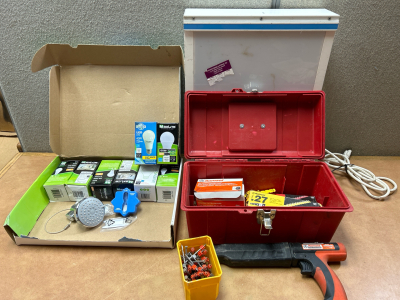 TOOLBOX WITH RAMSET POWDER FASTENING SYSTEM (NO CORDS) WITH VARIOUS FASTENERS, ENERGY SAVING LIGHT BULBS EITH SHOWER HEAD AND LIGHT UP WALL BOX (MAY NEED NEW BULB)