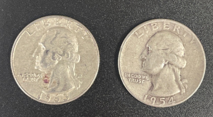 (2) Pre-1964 US Quarters 90% Silver Verified Authentic (1) 1963 (1) 1954