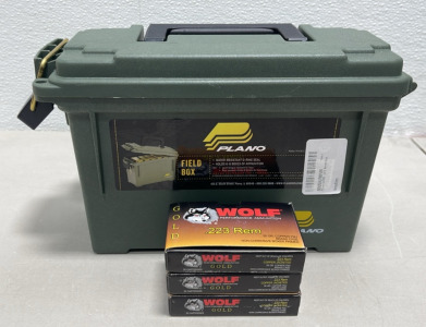 (60) Wolf Performance Ammunition .223 55Gr. Brass Case Cartridges, (1) Plano Field Ammunition Box