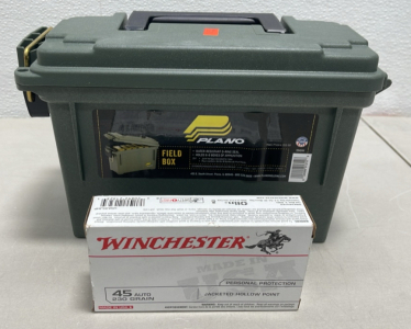 (50) Winchester Centerfire Pistol Cartridges .45 Auto 230 Grain Jacketed Hollow Point, (1) Plano Field Ammunition Box