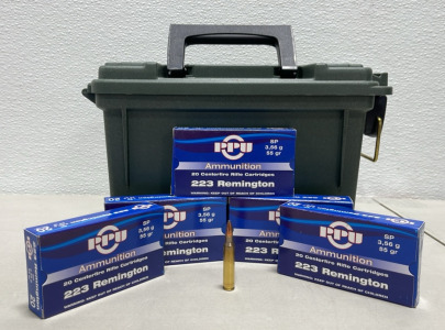 (100) Rounds Of PPU Ammunition .223 55Gr. Centerfire Rifle Cartridges, (1) Plano Field Ammunition Box