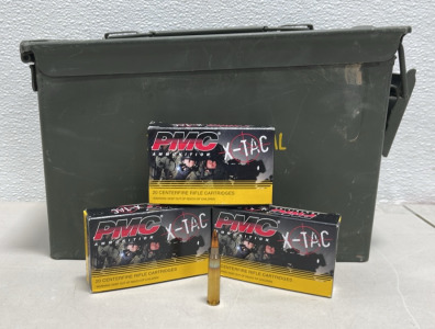 (60) Rounds PMC X-TAC Ammunition 5.56 Centerfire Rifle Cartridges, (1) Metal Ammunition Box