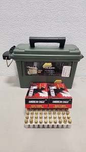 (100) American Eagle 9MM Luger 124gr FMJ Ammunition Cartridges (1) Plano Field Ammunition Box