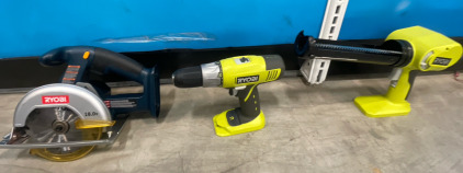 RYOBI 18v Drill & RYOBI 18v Electric Chalking Gun & RYOBI 18v Hand Saw