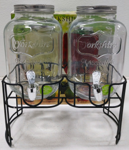 Double 1-Gallon Mini Yorkshire Glass Beverage Dispenser on Metal Stand