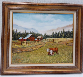 32"×28" Beautiful Wood Framed Cow & Barn Painting