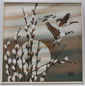 38" Beautiful Wood Framed Geese Painting by Walker