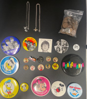 (3) Bags of Assorted Buttons Including The Beatles and Disneyland (1) Bag of 105 Wheat Pennies 1909-1958 (2) .925 18” Necklaces