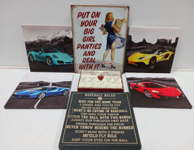 (4) 11.5" Canvas Car Art (1) 16"×12" Metal Lady Sign (1) Baseball Rules Canvas Art & More!