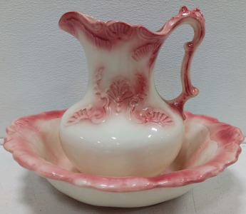 Vintage Ceramic Water Pitcher & Bowl Set White & Pink