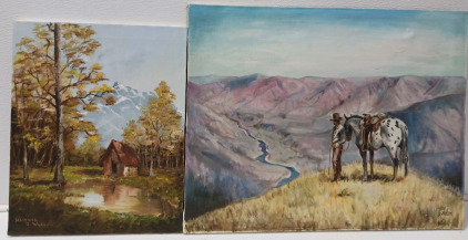 (2) Beautiful Canvas Paintings - 20"×16" Cottage & 28"×22" Cowboy & Horse