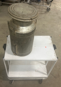 (1) Vintage Milk Can (1) Folding Metal Rolling Cart