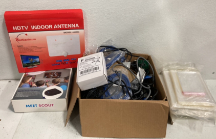 (1) Meet Scout TV Receiver (1) SatMaximum TV Antenna (1) Box Assorted Ethernet Cables-Hdmi Cables And More!