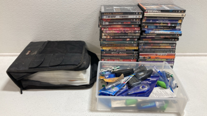 (40+) Assorted DVDs, Plastic Drawer of Assorted New and Used Correction Tape, Travel Case Full of Assorted CDs