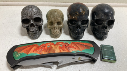 (4) Small Decorative Skulls, (1) Extra Large Knife, (1) Dragon Zippo Lighter