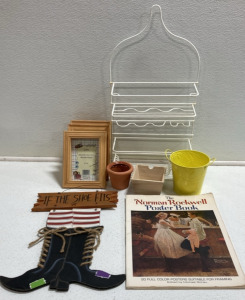 Hanging Shower Shelf, (3) Shadowbox Wood Frames, Norman Rockwell Poster Book, Witch Shoes Wall Decor, (3) Small Assorted Planters