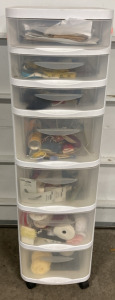 Collection of Sewing Notions, Patterns and Accessories in Rolling Drawer Storage