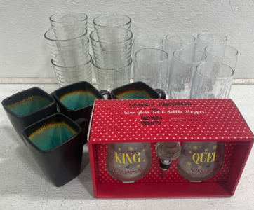 (7) Anchor Tall Glass Cups (1) Box Mainstays Set of 8 Tall glass Cups (1) Box Set of 4 Beautiful Coffee Cup (1) Set of King & Queen Wine Glass & Bottle Stopper