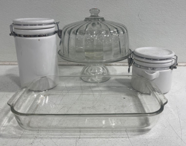 (2) Winsome Canisters (1) Beautiful Glass Cake Pedestal (1) 13” Pyrex Pan