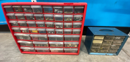 Red Plastic Drawer Organizer Full of Screws & Other Wood Working Items & Small Plastic Organizer w/ Nail Gun Nails