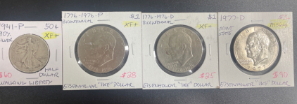 (1) 1941-P 90% Silver Walking Liberty Half Dollar (2) 1776-1976-P&D Bicentennial Eisenhower “Ike” Dollar (1) 1977-D Bicentennial Eisenhower “Ike” Dollar