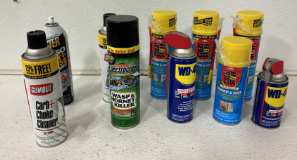 (3) 16oz Bottles Great Stuff Window And Door Sealant, (2$ 16oz Bottles Of Gumout Carb Choke Cleaner, (1) 12oz Bottle Of WD-40 With Nozzle, (1) 8oz Bottle Of WD-40 With Nozzle And More