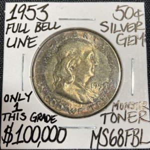 1953 MS68FBL RARE Full Bell Line Franklin Half Dollar