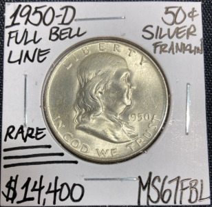 1950-D MS67FBL RARE Full Bell Line Franklin Half Dollar