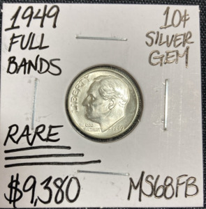 1949 MS68FB RARE Full Bands Gem Roosevelt Dime