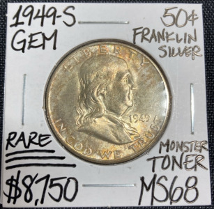 1949-S MS68 RARE Monster Toner Franklin Half Dollar