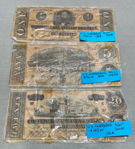 (3) 1864 U.S. Confederate Bills&hellip; One Dollar, Five Dollar, Twenty Dollar.