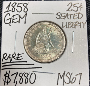 1858 MS67 RARE Seated Liberty Silver Quarter