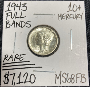 1943 MS68FB RARE Full Bands Mercury Silver Dime