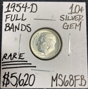 1954-D MS68FB RARE Full Bands Silver Gem Roosevelt Dime