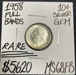 1958 MS68FB RARE Full Bands Silver Gem Roosevelt Dime