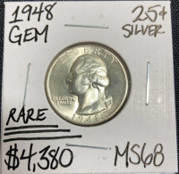 1948 MS68 RARE Gem Silver Washington Quarter